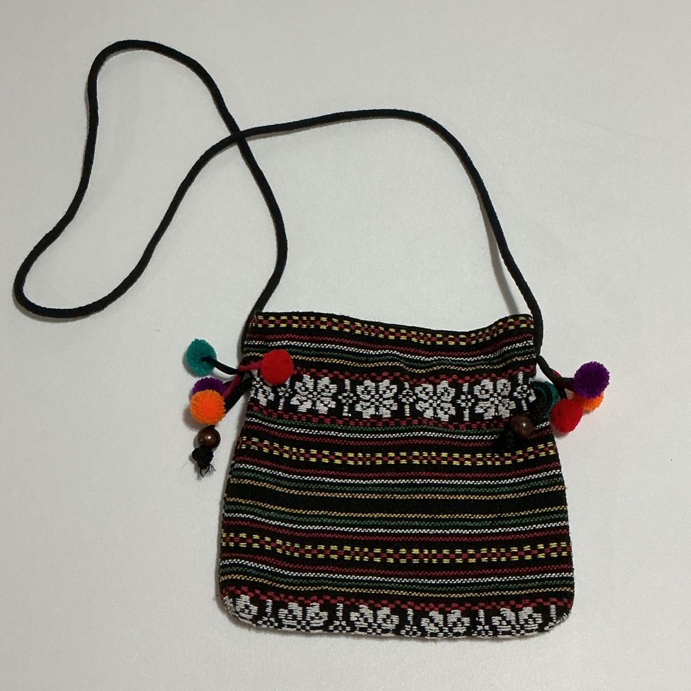 Woven Crossbody Bag Purse‎ Colorful Pom Pom Bohemian Festival
